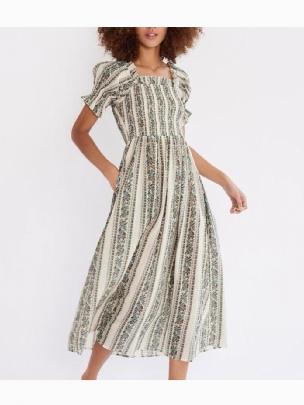 Mille Resort & Travel Cate smocked midi dress in Goa floral stripe S